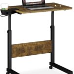 Klvied Standing Desk Adjustable Height, Stand Up Desk with Cup Holder, Portable and Easy to Move Bedside Table, Ideal for Home or Office, Black，Walnut