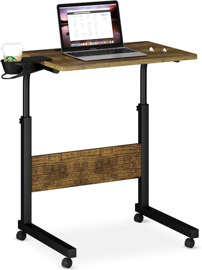 Klvied Standing Desk Adjustable Height, Stand Up Desk with Cup Holder, Portable and Easy to Move Bedside Table, Ideal for Home or Office, Black,Walnut