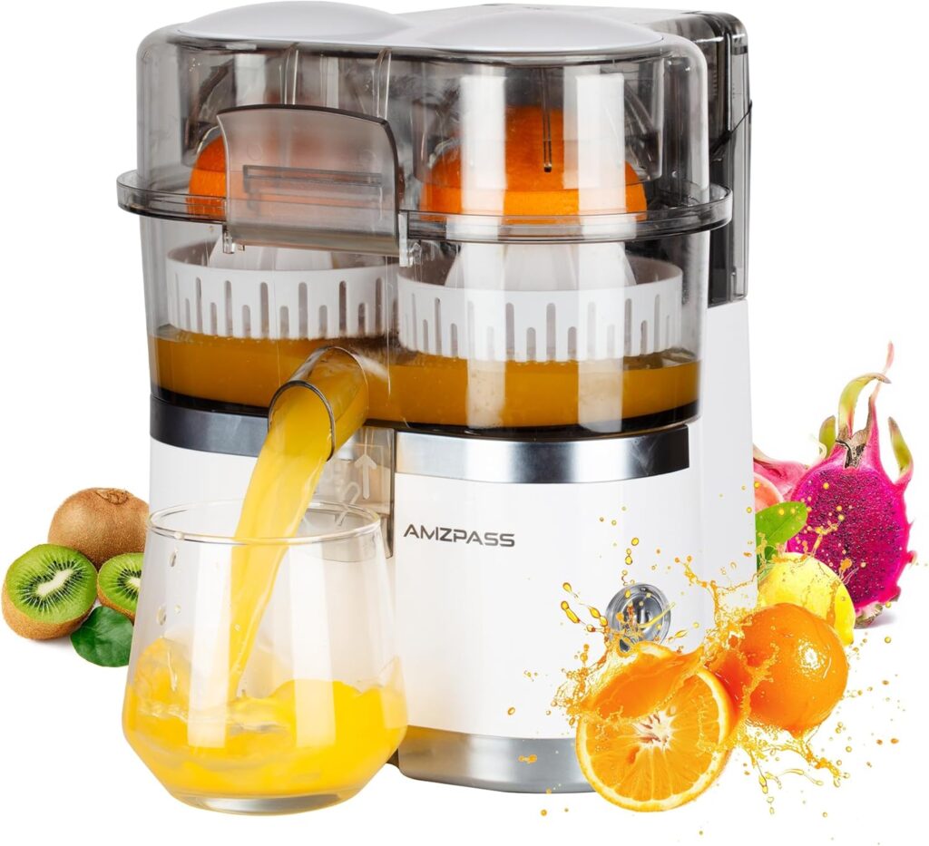 Dual-Head Electric Orange Juicer Squeezer, Citrus Juicer Machines with Power Cord & Cleaning Brush, 1-Touch Automatic Juicer Machine for Orange, Lemon, Lime, High Juice Yield, Built-in Cutter