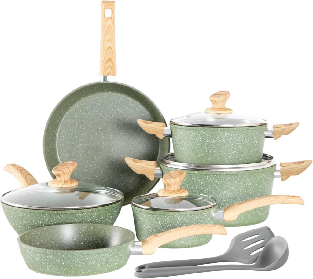 Kitchen Academy Non Toxic Pots and Pans Set Non Stick – 12 Piece Induction Cookware Sets, Green Granite Nonstick Cooking Pot and Pan Set, PFOA&PFOS Free