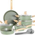 Kitchen Academy Non Toxic Pots and Pans Set Non Stick – 12 Piece Induction Cookware Sets, Green Granite Nonstick Cooking Pot and Pan Set, PFOA&PFOS Free