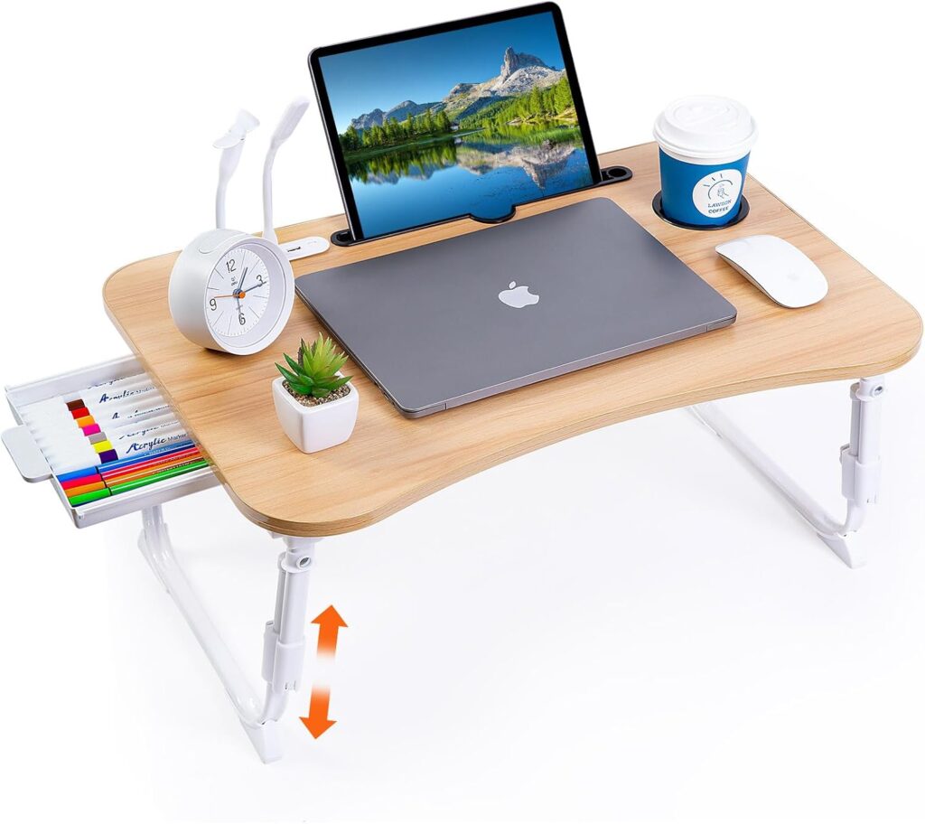 Laptop Desk for Bed, Height Adjustable Laptop Bed Table, Foldable Portable Lap Desk Stand with USB/Storage Drawer/Cup Holder/Slot, Breakfast Tray for Working Reading Writing Eating, Walnut