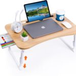 Laptop Desk for Bed, Height Adjustable Laptop Bed Table, Foldable Portable Lap Desk Stand with USB/Storage Drawer/Cup Holder/Slot, Breakfast Tray for Working Reading Writing Eating, Walnut