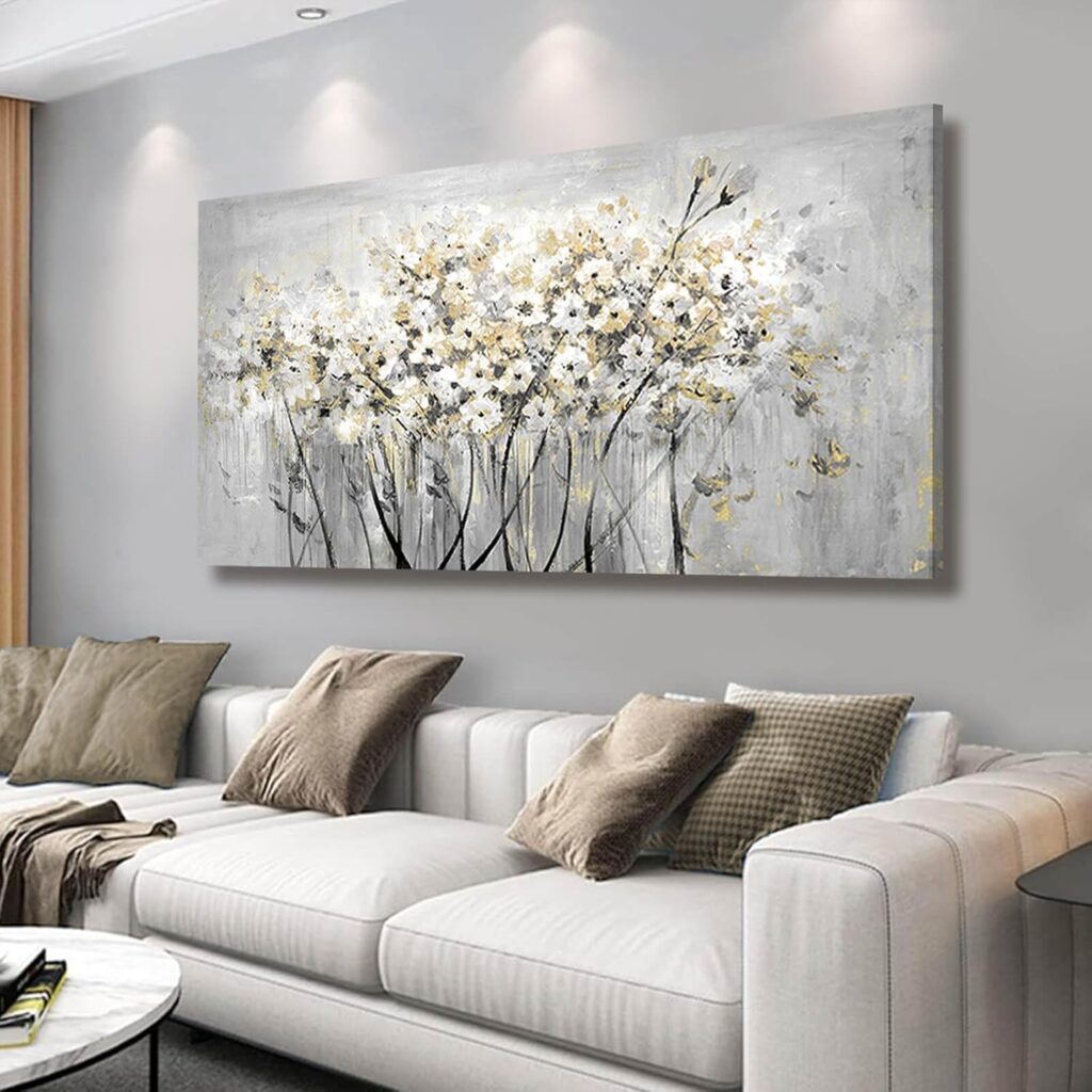 VAYIMDH Gold Pictures Wall Decor Living Room Wall Hanging White and Grey Vintage Posters Floral Photo Prints for Bedroom Dining Room 24×48 Inch