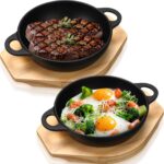 2 Sets Mini Cast Iron Skillet with Wooden Base Small Cast Iron Plates Skillet Pan Round Fajita Plate Hot Steak Pot Dish for Baking Cooking(7.5 Inch)