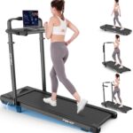 Walking Pad Treadmill with Desk Workstation, 10% Incline Foldable Treadmill with Handrail, 300lbs Capacity, 3 Control Methods, 8 in 1 Folding Treadmills for Home Office