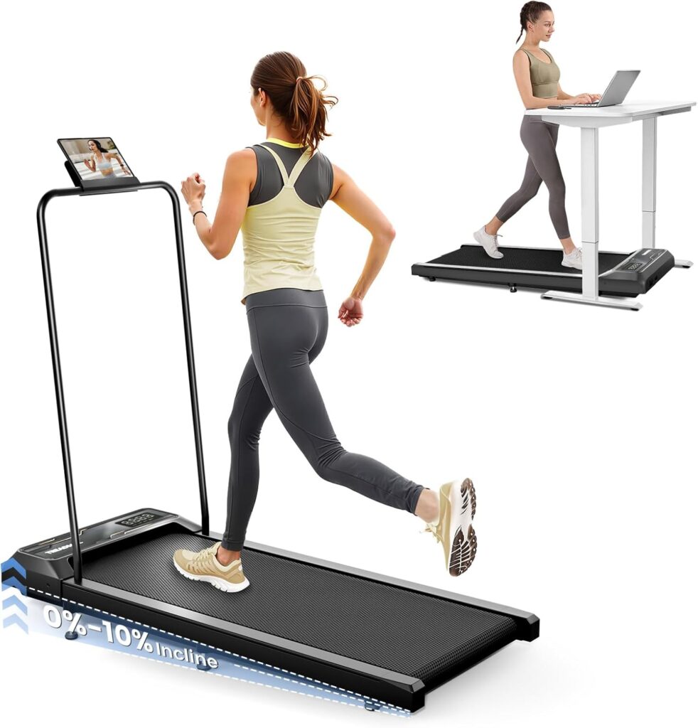 Walking Pad Treadmill with 10% Incline, 450LBS Capacity 2.5HP Under Desk Treadmill LED Display, 4 in 1 Portable Small Treadmills with Handle Bar Remote Control for Home Office Black