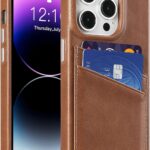 LUCKYCOIN Premium Handcrafted Full Genuine Leather Phone Case for iPhone 14 Pro,Wallet Phone Case with Card Holder,Metal Buttons,Microfiber Lining,Shockproof Protective Phone Cover Dark Brown