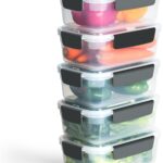 YORY 7 cup Plastic Food Storage Containers with Lids Nestable Freezer Dishwasher Safe Rectangle Meal Prep Container Set,5-Pack