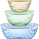 Pyrex Colors Tinted (3-Pack, Full Set) Sculpted Tinted Glass Mixing Bowls With Lids, Nesting Space Saving Set of Bowls For Prepping and Baking, 1.3QT, 2.3QT & 4.5Q