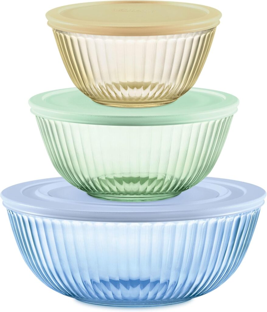 Pyrex Colors Tinted (3-Pack, Full Set) Sculpted Tinted Glass Mixing Bowls With Lids, Nesting Space Saving Set of Bowls For Prepping and Baking, 1.3QT, 2.3QT & 4.5Q