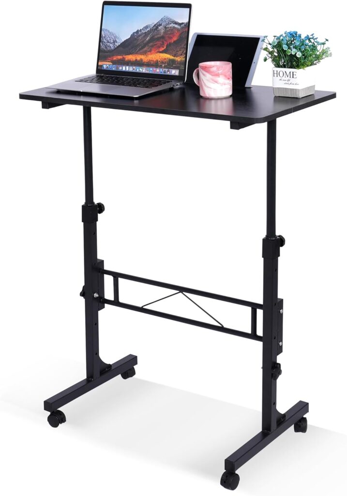 Standing Desk Adjustable Height, Mobile Stand Up Desks with Wheels Small Computer Desk Rolling Desk, Portable Laptop Desk Black Standing Table Sit Stand Home Office Desks 16″x31.5″ Height 27″-43.5″