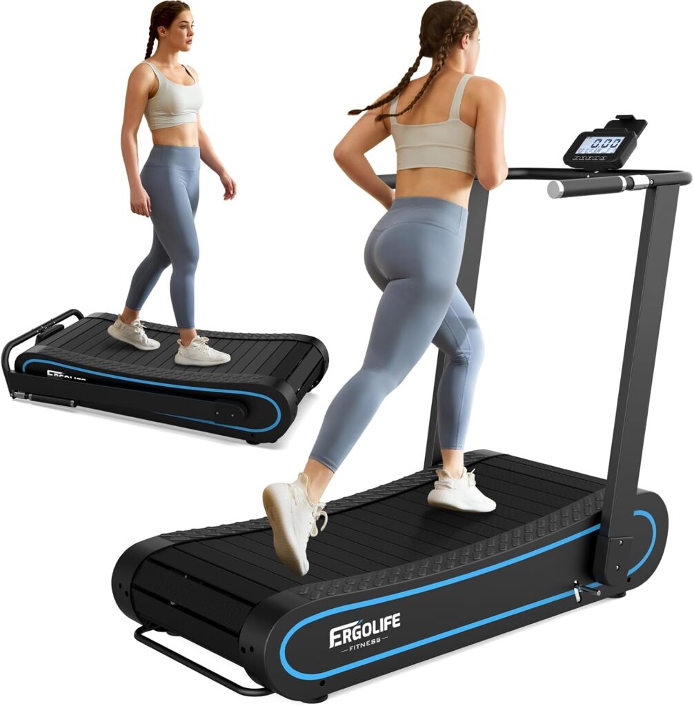 ERGOLIFE Curved Treadmill with Non-Electric Motorized, 2-in-1 Folding Treadmill with APP for Home Workout, Compact Office Running Machine with LCD Display & Low Noise