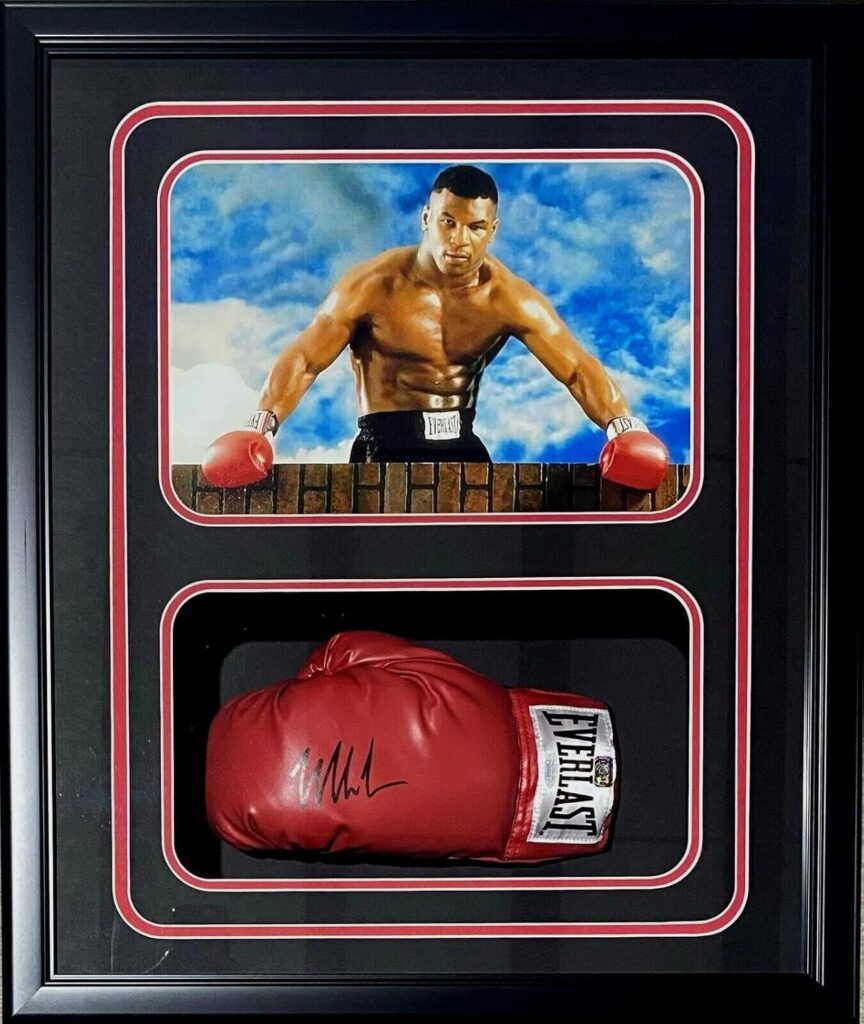 Mike Tyson Signed Glove Shadow Box JSA & Tyson Hologram Brick Wall – Autographed Boxing Gloves
