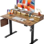 Electric Height Adjustable Standing Desk with Power Outlet and LED Light Strip, Sit to Stand, Ergonomic 48×24 Rising Desk with Memory Presets, Home Office Workstation, Computer Gaming Table, Brown