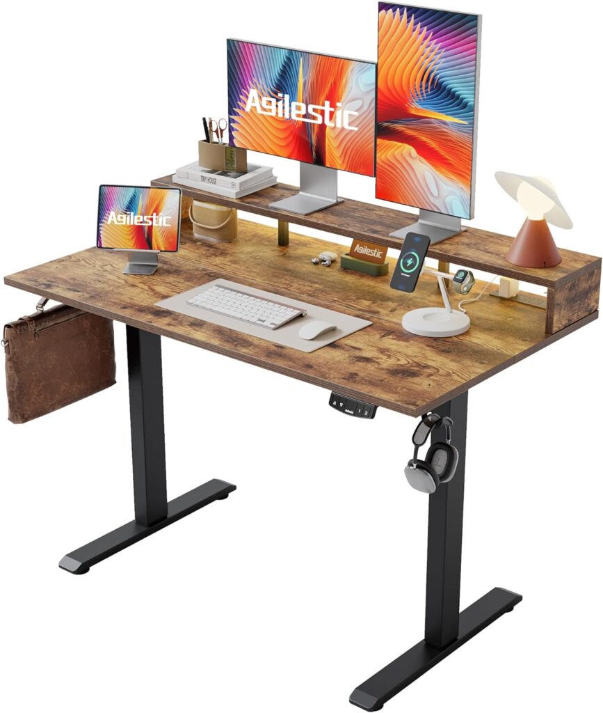 Electric Height Adjustable Standing Desk with Power Outlet and LED Light Strip, Sit to Stand, Ergonomic 48×24 Rising Desk with Memory Presets, Home Office Workstation, Computer Gaming Table, Brown