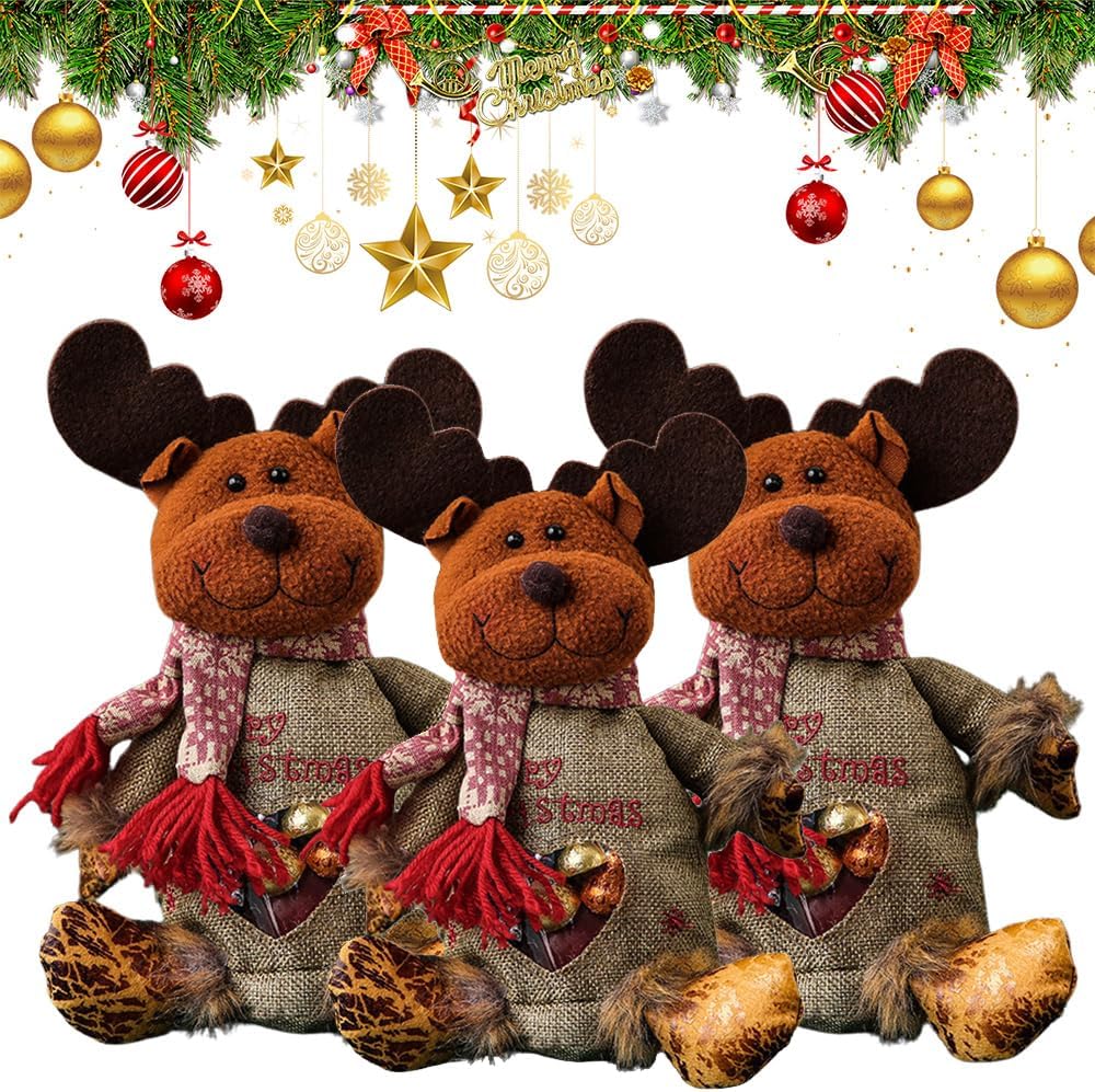 Christmas Gift Bags Zipper Design, Reusable Flax Fabric Christmas Bags For Candy, Apples (Style B)