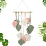 Oudain Large Macrame Wall Hanging Leaves Boho Green Leaf Macrame Tapestry Decor Leaf Feather Woven Hanging Wall Art Bohemian Decoration for Bedroom Living Room Nursery 16.5 x 35.4 Inch(Pink)