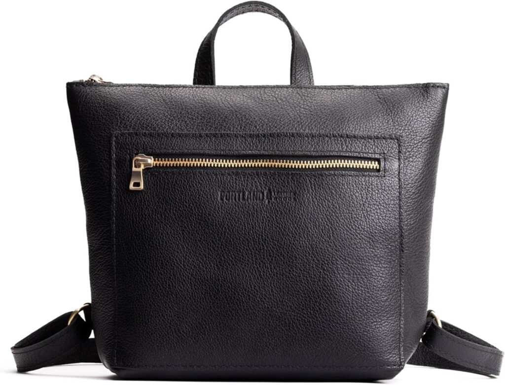 Portland Leather Goods Small Tote Backpack – Leather Purse Backpack with Zipper Closure, Exterior Pocket & Adjustable Straps – Handmade from the Finest Full-Grain Hides – Pebbled Black