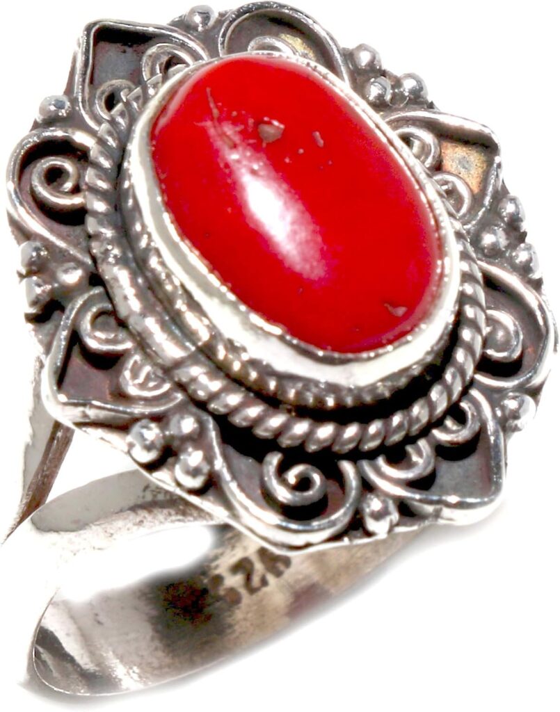 925 Sterling Silver Finger Ring for Women Coral Gemstone Ethnic Tribal Gypsy Bohemian Tibetan Style Filigree Designer Fashion Boho Ring Jewelry Handmade by Artisan Size 7