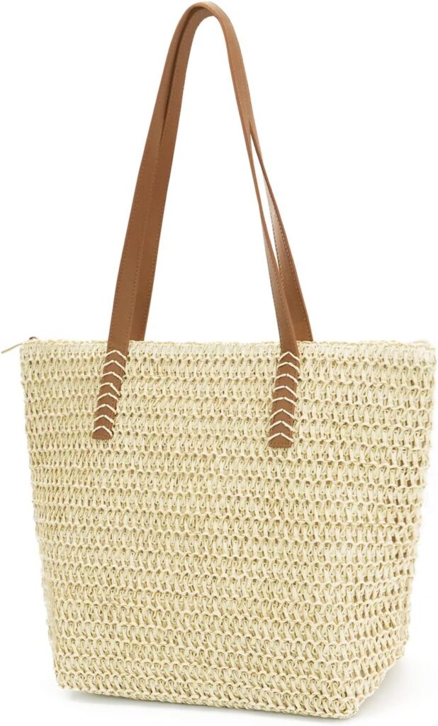 MAMUNU Straw Beach Bag for Women Large Straw Tote Bag with Zipper Summer Woven Bag Beach Travel Casual Straw Shoulder Bags