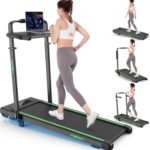 Walking Pad Treadmill with Desk Workstation, 10% Incline Foldable Treadmill with Handrail, 300lbs Capacity, 3 Control Methods, 8 in 1 Folding Treadmills for Home Office