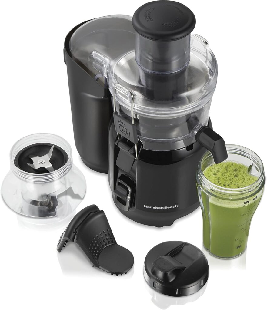 Hamilton Beach Juice & Blend 2-in-1 Juicer Machine and 20 oz. Blender, Big Mouth Large 3” Feed Chute for Whole Fruits and Vegetables, Easy to Clean, Centrifugal Extractor, 800W Motor, Black (67970)