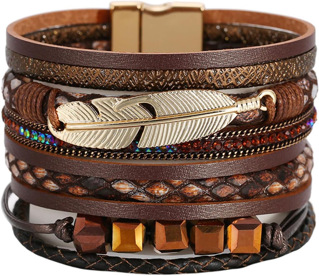 Fesciory Leopard Bracelet for Women, Boho Leather Wrap Multi-Layer Pearl Crystal Bracelet Bangle Jewelry