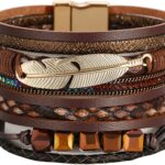 Fesciory Leopard Bracelet for Women, Boho Leather Wrap Multi-Layer Pearl Crystal Bracelet Bangle Jewelry