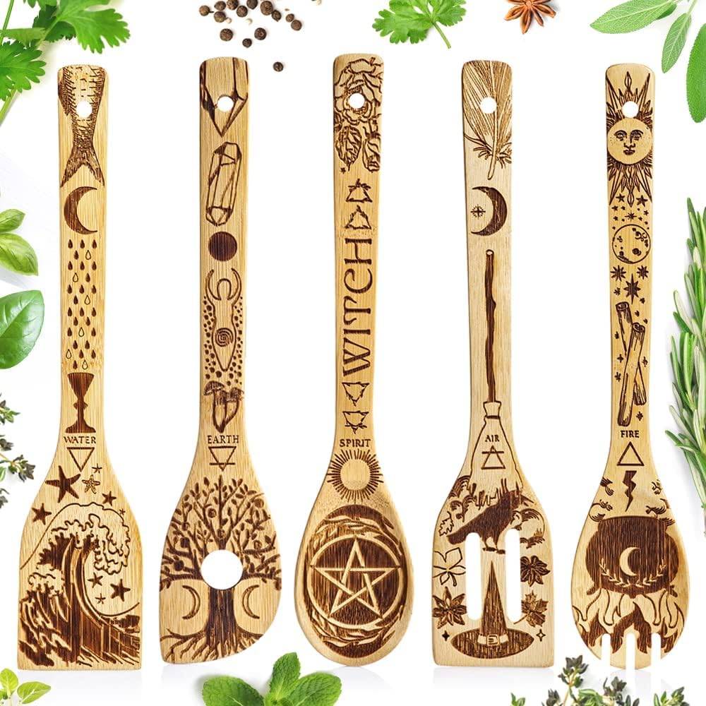 Kitchen Witch Utensils Set Laser Engraved 5 Elements Bamboo Large Cooking Utensils Set Cottagecore Kitchen Witch Gift Romantic Mothers Day Gifts