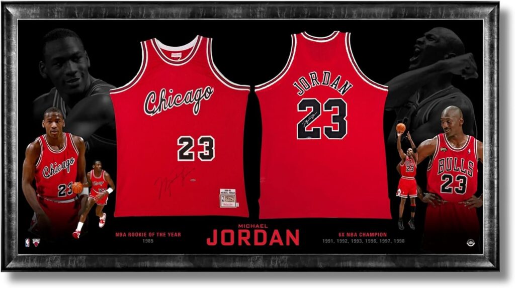 Michael Jordan Epic Chicagos Framed Rookie & Final Season Jerseys – Oversized 97×45 Inch UDA Authenticated Upper Deck Basketball Collectible Wall Art – Dual Signed Tribute