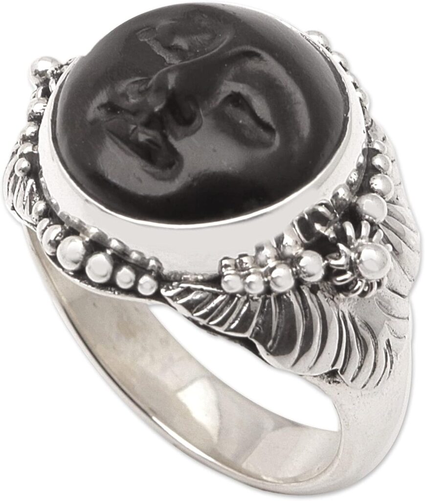 NOVICA Artisan Handmade Ebony Cocktail Ring Crafted Wood Silver Sterling No Stone Indonesia [crownbezel 0.3 in H x 0.6 in Diam. Band Width 0.2 in W] ‘ Amun Ra’