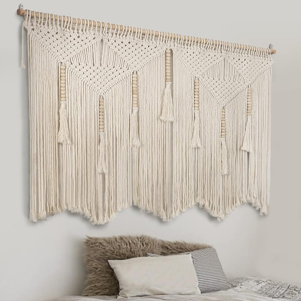 Large Macrame Wall Hanging 43.3″ × 39.4″ Boho Tapestry Woven Wall Decor- Cotton Tassel Macrame Curtain Beige Chic Bohemian Wall Art for Home Living Room Bedroom Dorm Wedding (Includes Hanging Rod)