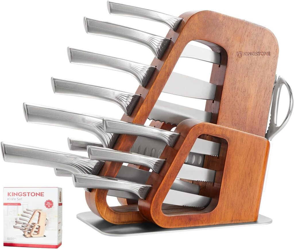 KINGSTONE Kitchen Knife Set with Block,14 Pcs German Stainless Steel Knife Set with Built-in Sharpener, Dishwasher Safe Knife Block Set (walnut, 14pcs)