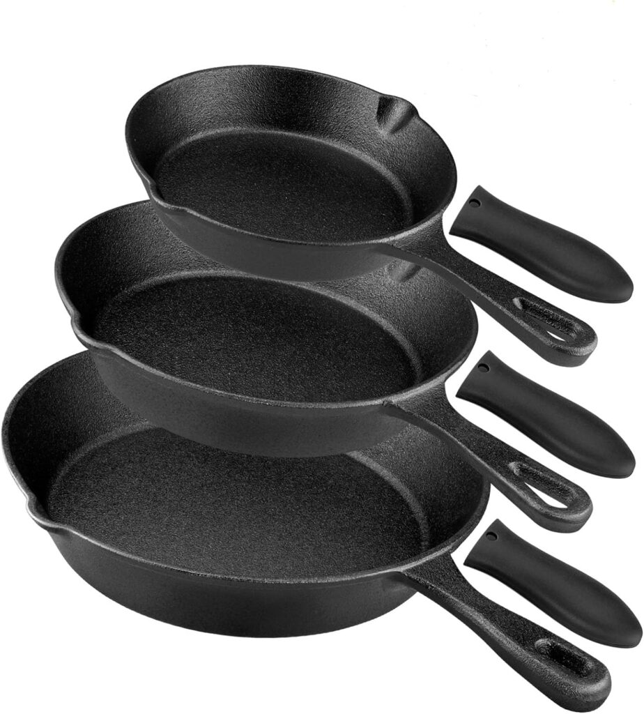 Pre-Seasoned Cast Iron Skillet Set – 3 Piece Frying Pan With Heat-Resistant Handles (6, 8, 10 Inch) for Frying, Saute, Pizza, Oven Safe (Black)