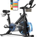 Merach Magnetic Exercise Bike, Low Noise Stationary Bike for Home with Comfortable Seat Cushion, Spinning Bike with 330 lb Weight Capacity, Exclusive App, Tablet Mount and Fitness Courses