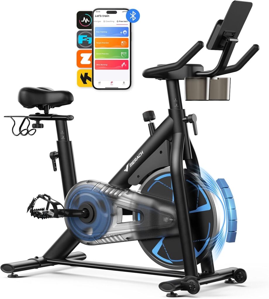Merach Magnetic Exercise Bike, Low Noise Stationary Bike for Home with Comfortable Seat Cushion, Spinning Bike with 330 lb Weight Capacity, Exclusive App, Tablet Mount and Fitness Courses