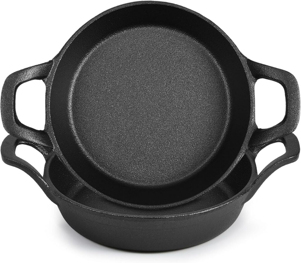Mini Cast Iron Skillets 6.3 x 6.3 x 1.5 Inch Cast Iron Pan Small Ramekin Set Black Casserole Dish Cookware Oven Safe Mini Skillets for Kitchen Indoor Outdoor Picnic (2 Pack)