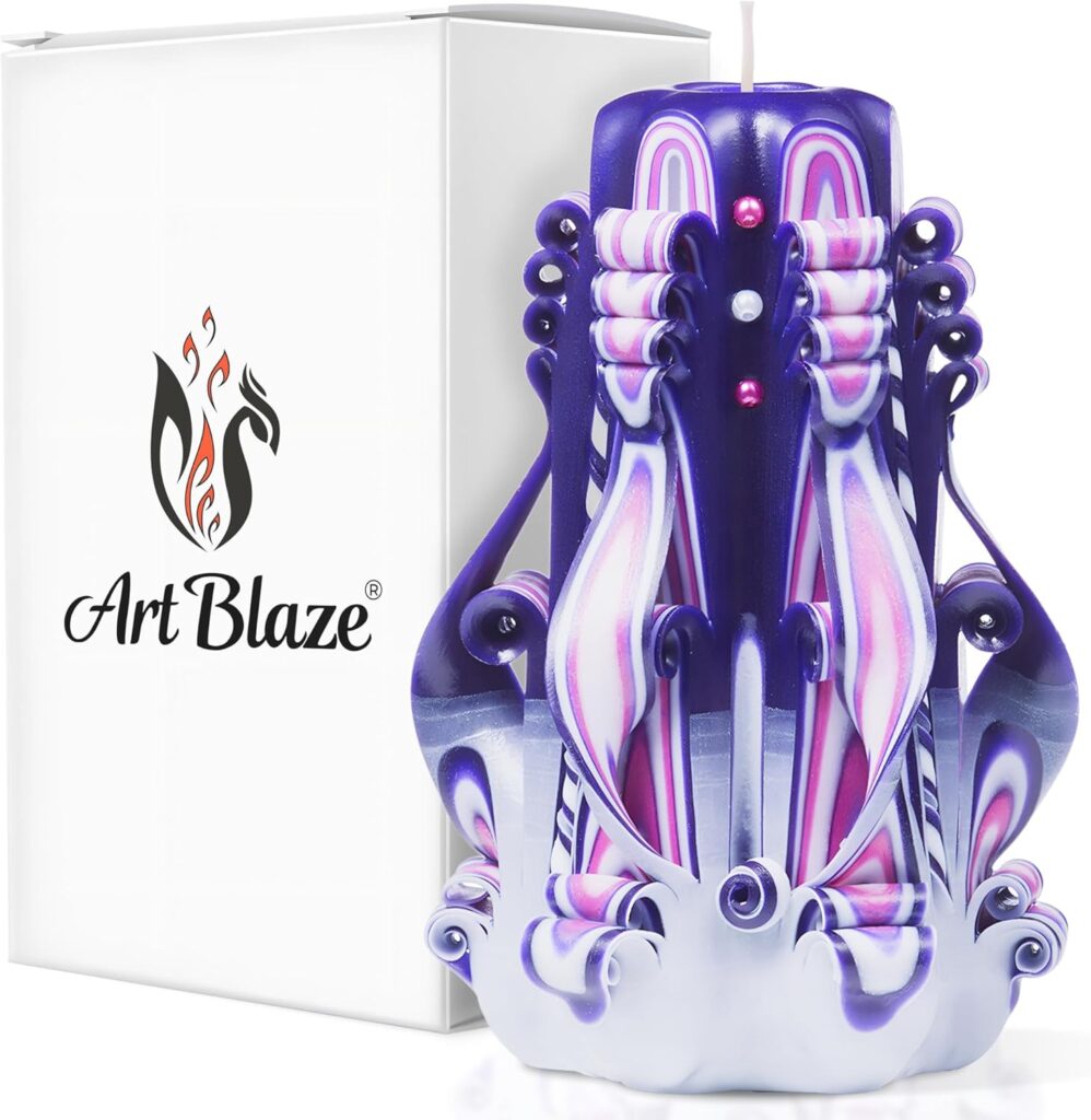 Carved Candles – Handmade Decorative Large Candle – Tall Long Burning Cute Spiral Candle for Women – for Home Decor, Cozy Cottage Core Gift – Mother’s Day Gift for Mom – Lilac Sunset