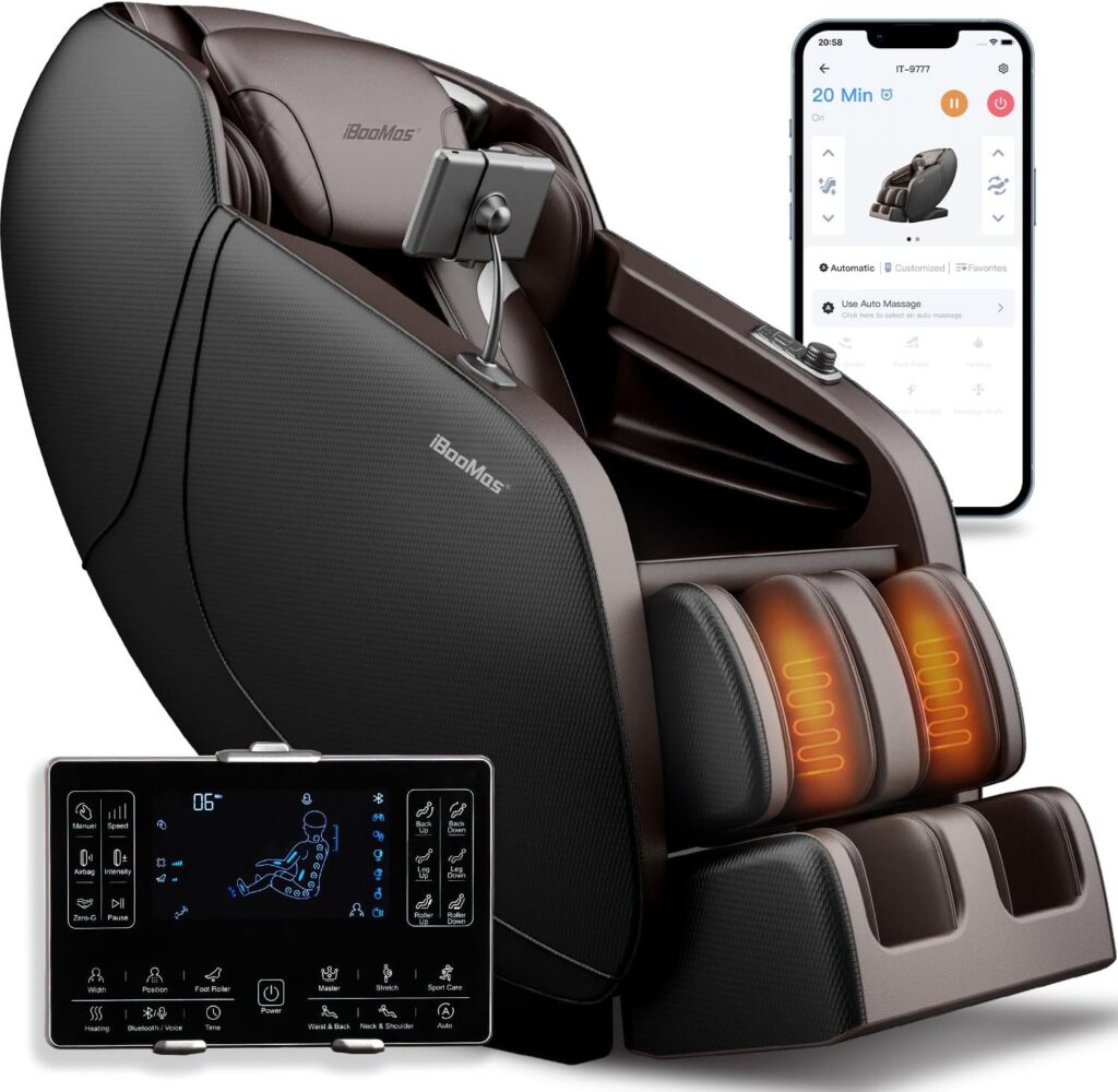 iBooMas Massage Chair Full Body, Zero Gravity SL-Track Shiatsu Massage Recliner with Shoulder Back and Leg Heat, APP Control, Foot Roller, Bluetooth, Airbags, Body Scan(Brown+Black)