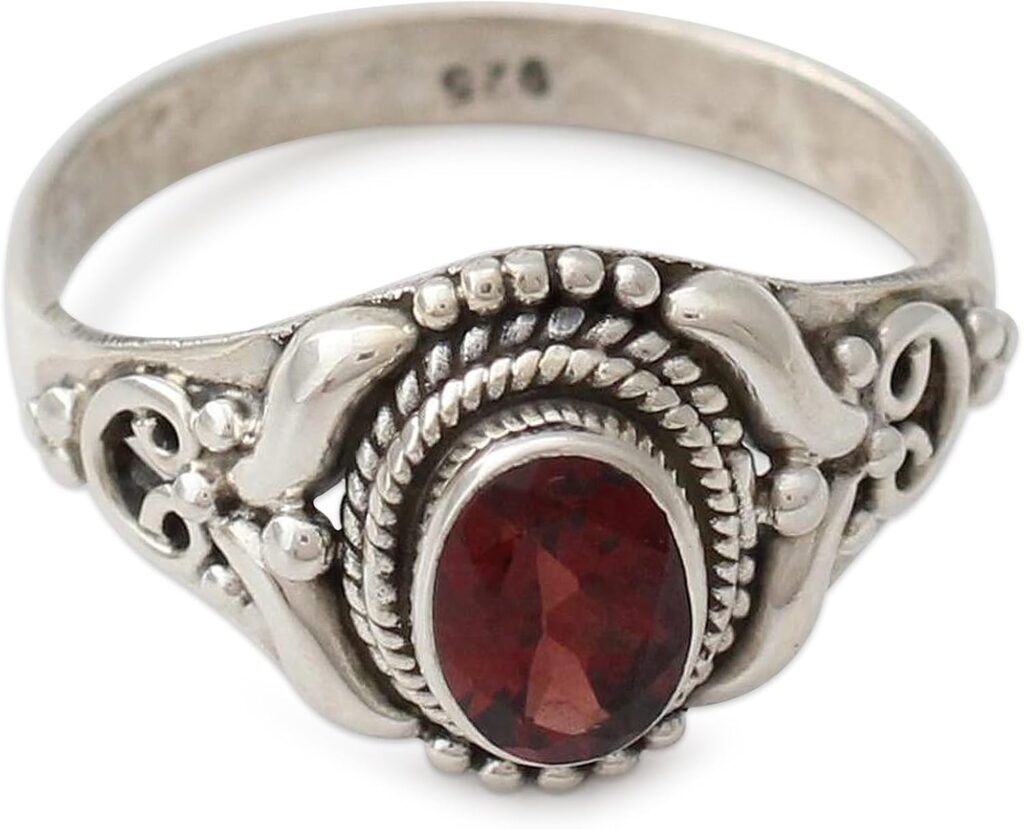NOVICA Artisan Handmade Garnet Cocktail Ring Traditional Style Silver India Sterling Red Single Stone Marsala Fiesta Aurora Birthstone [ring Front 0.5 in L x 0.4 in W x 0.2 in H Band Width 3 mm W]