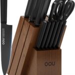 OOU Kitchen Knife Block Set – 15 Pieces High Carbon Stainless Steel Chef Knife Sets, Anti-Rust Black Knives Set with Built-in Sharpener Block, Walnut