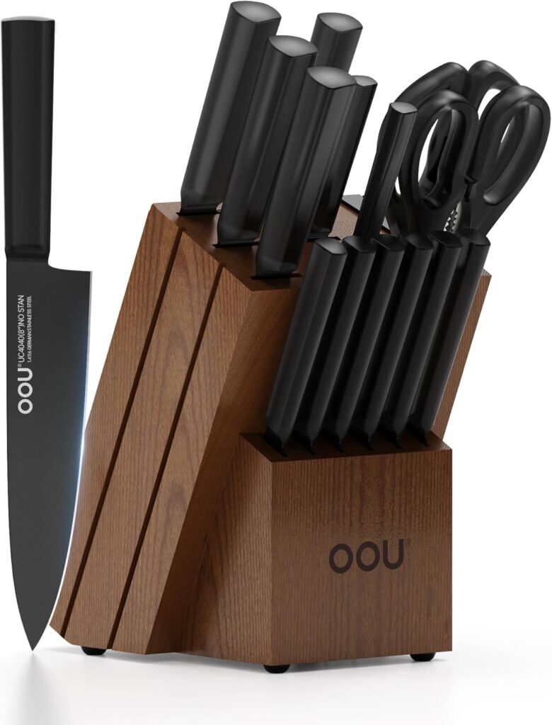 OOU Kitchen Knife Block Set – 15 Pieces High Carbon Stainless Steel Chef Knife Sets, Anti-Rust Black Knives Set with Built-in Sharpener Block, Walnut