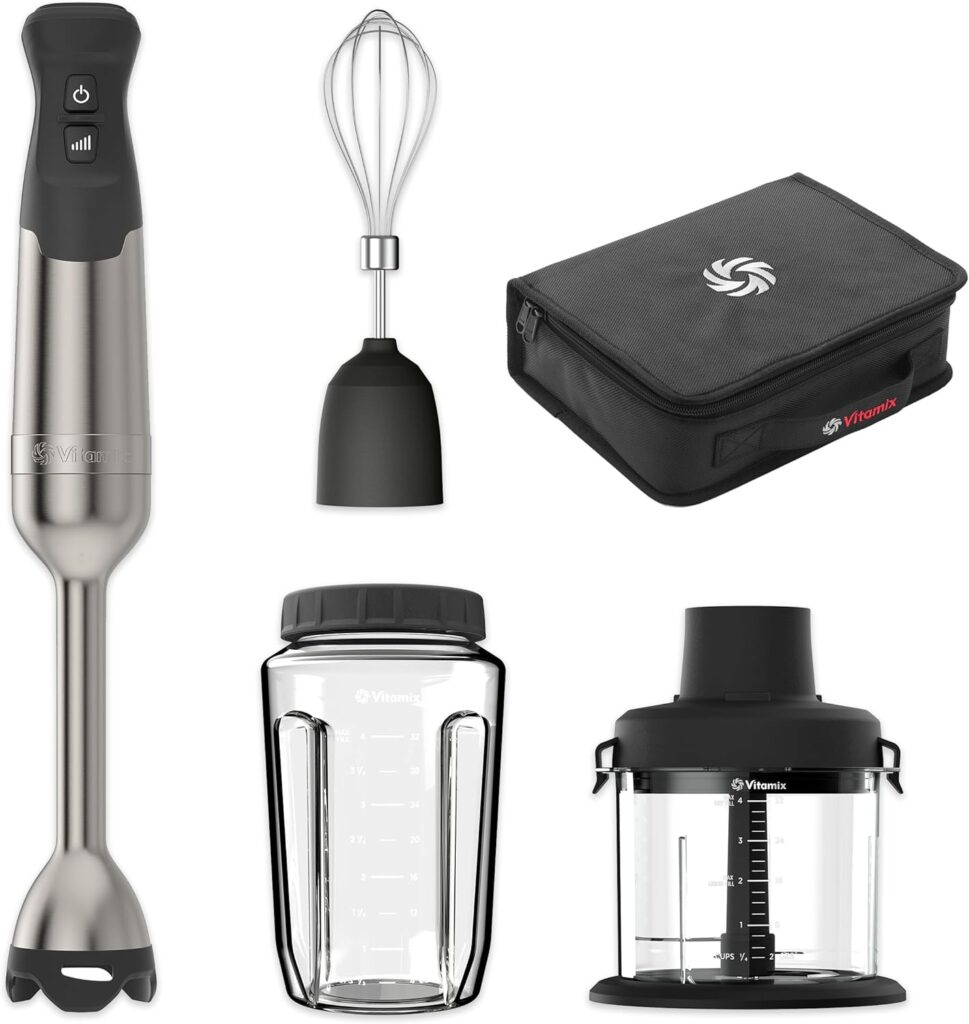 Vitamix 5-Speed Immersion Blender 5-Piece Bundle, 625-Watt Motor, One-Handed Operation, 5 ft cord, includes Mini-Chopper, Blending Jar, Whisk Attachment & Storage Case, Stainless Steel/Black