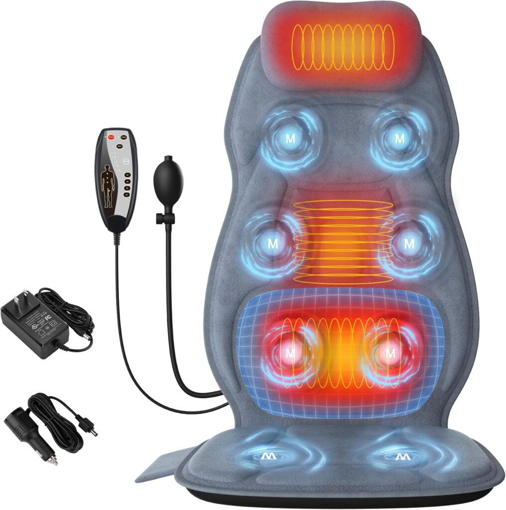 Back Massager with Heat, Full Body Massage Pad with Pillow Neck Support, Soft Plush Fabric Cover, Chair Massager with 3D Lumbar Truction and 8 Vibration Motors, Gifts for Dad Mom, Home Office Use