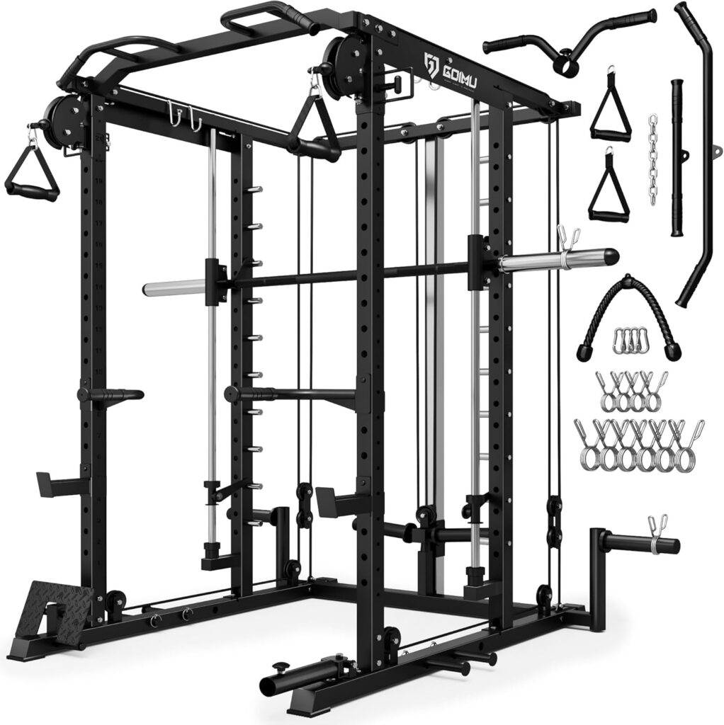S1-V4 Smith Machine, 2000LBS Power Cage with Cable Crossover System, All-in-One Squat Rack with Smith Bar, Workout Cage Strength Training Equipment with Attachments
