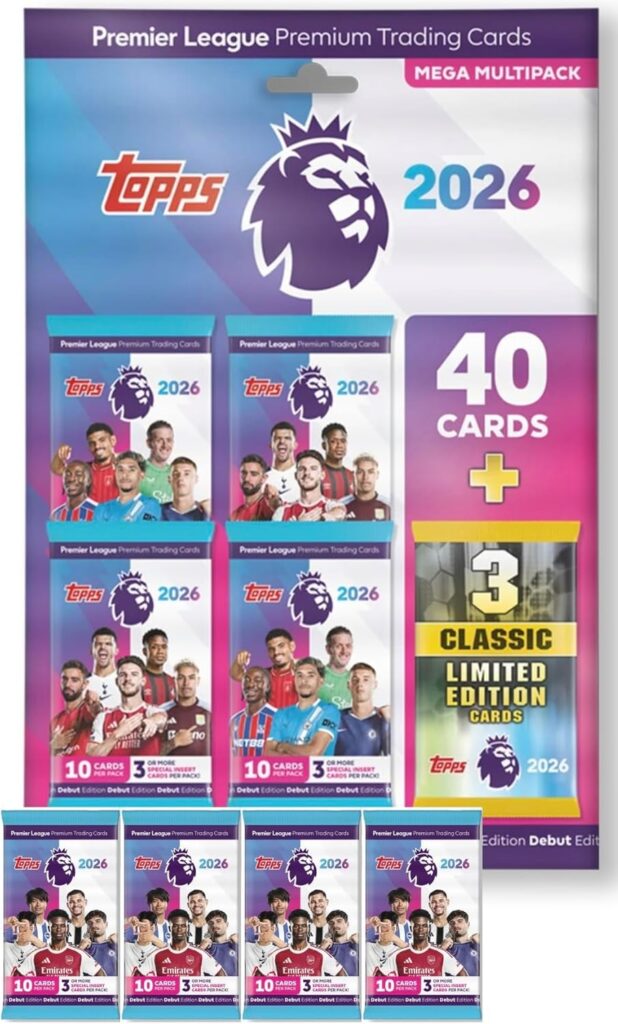 Premier League Topps 2026 – Debut Edition – Mega Multipack 25/26 Soccer Cards Includes 40 Cards + 3 LE Cards + Hassentials Sticker