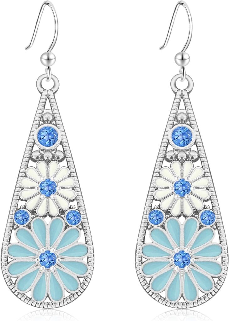 Handmade Bohemian Tribal Retro Copper Crystal Teardrop Dangle Drop Earrings National Style Geometry Colorful Enamel Flower Hook Earrings for Women