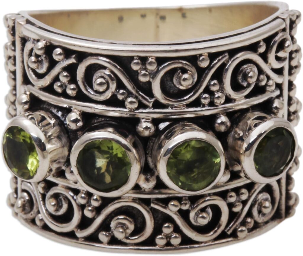 NOVICA Artisan Handmade Peridot Cocktail Ring 925 Sterling Silver Multistone from Bali Green Band Indonesia Kale Birthstone [ring Front 0.6 in L x 0.8 in W x 0.2 in H Band Width 9 mm W] ‘ Lucky