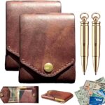 GDSAFS Vintage Handmade Leather Wallet for Men, Compact Leather Business Card Holder with Pen Slot, Small Slim Thin Cash Wallet for Daily Commute Business,and Travel (2PCS)